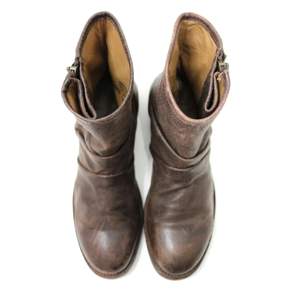 John Fluevog Size W 11/M 9 MALCOLM Brown Distressed Leather Zip Ankle Boots Moto